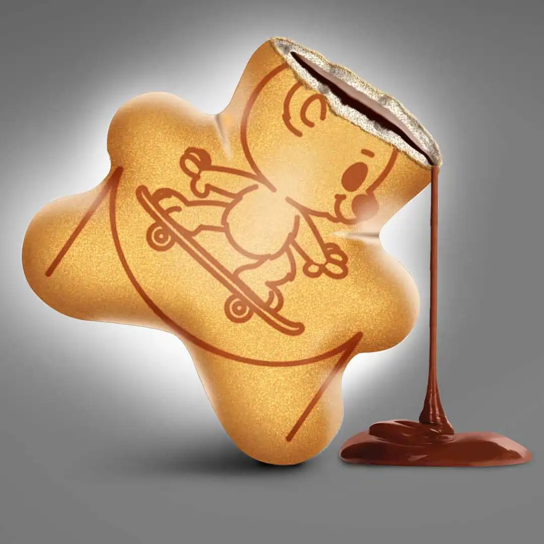 chocolate oozing out from biscuit tilted